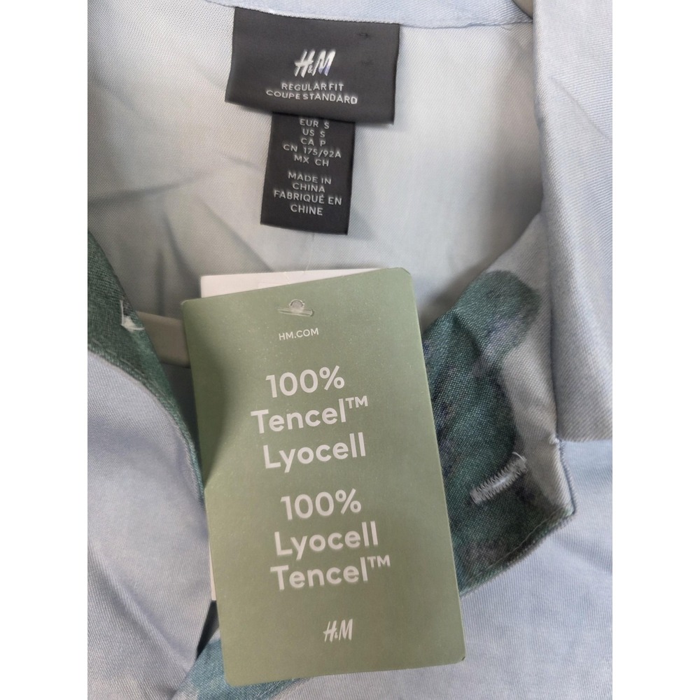 H&M Men's Regular Fit Button Up Shirt Small Tree Print Lyocell Blue Green - Picture 2 of 7
